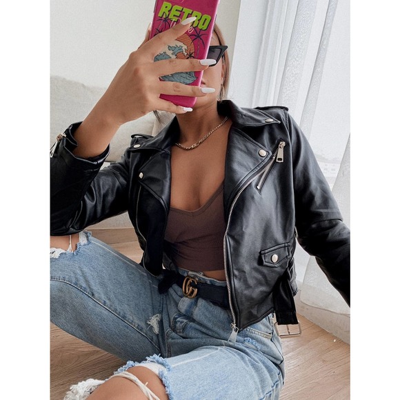 BohoGypsyDreamer.com Jackets & Blazers - minimalist belted vegan Leather Jacket motorcycle jacket moto black